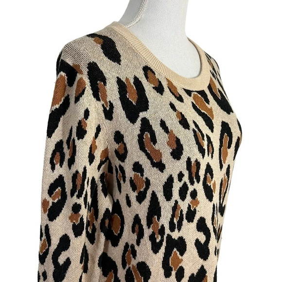 A New Day Leopard Pattern Knit Top Large Beige Black Long Sleeve Round Neck Work - Picture 5 of 9